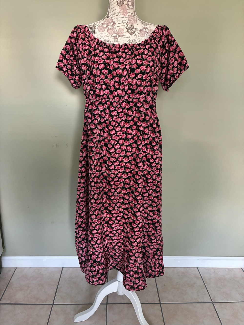 SHEIN Black Midi Dress with Pink Floral Print